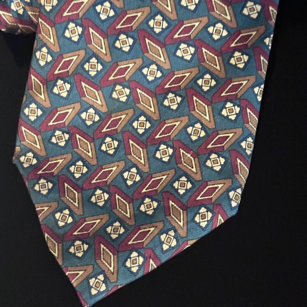 Dior Rare Mid Century Modernist Teal Red Diamond Mod Silk Tie Vintage Retro Gold